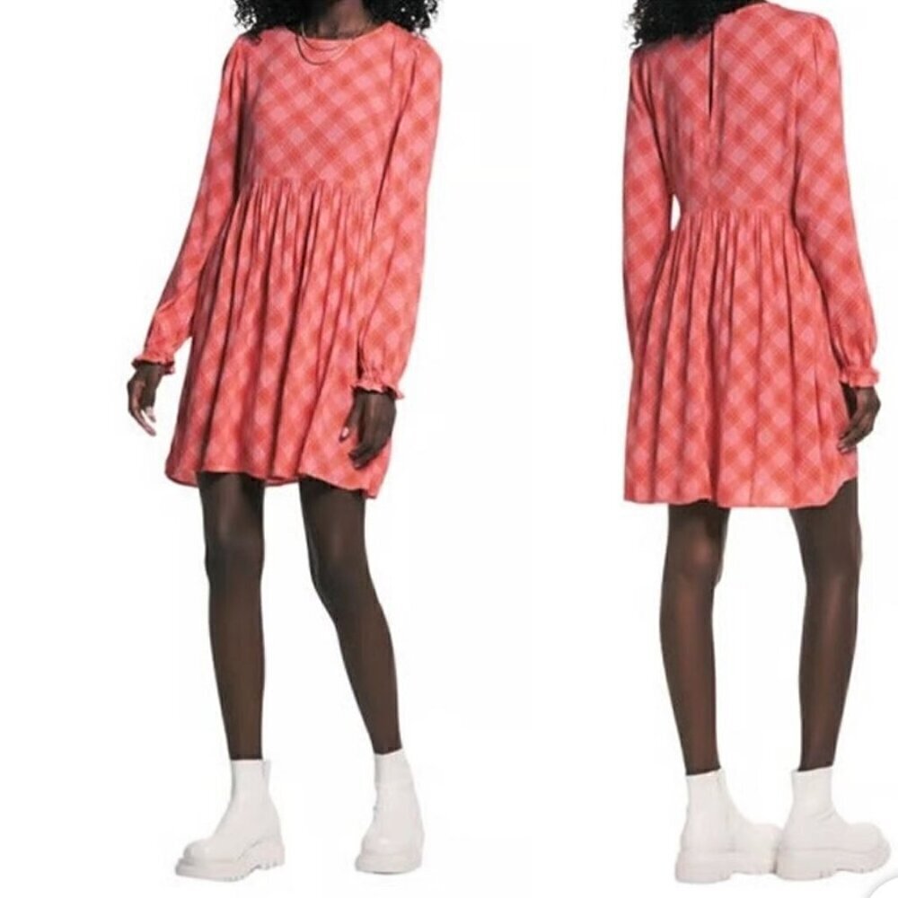 NWT BP by Nordstrom Coral Pink Ian Bias Plaid Flowy Ruffle Cuff Dress - XL